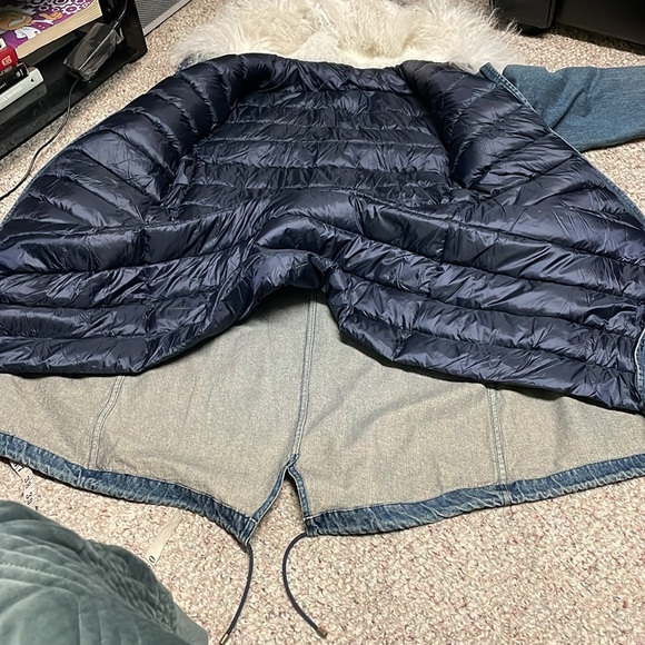 Intermix denim/puffer insert coat with alpaca hood trim - Picture 10 of 12